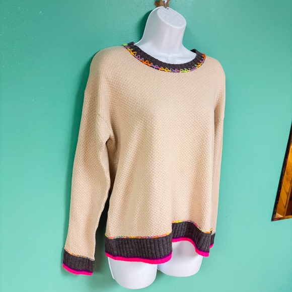 Lisa Todd Cream/Tan & Neon Rainbow Colorblock Border Order Knit Cotton Sweater M - Picture 3 of 8